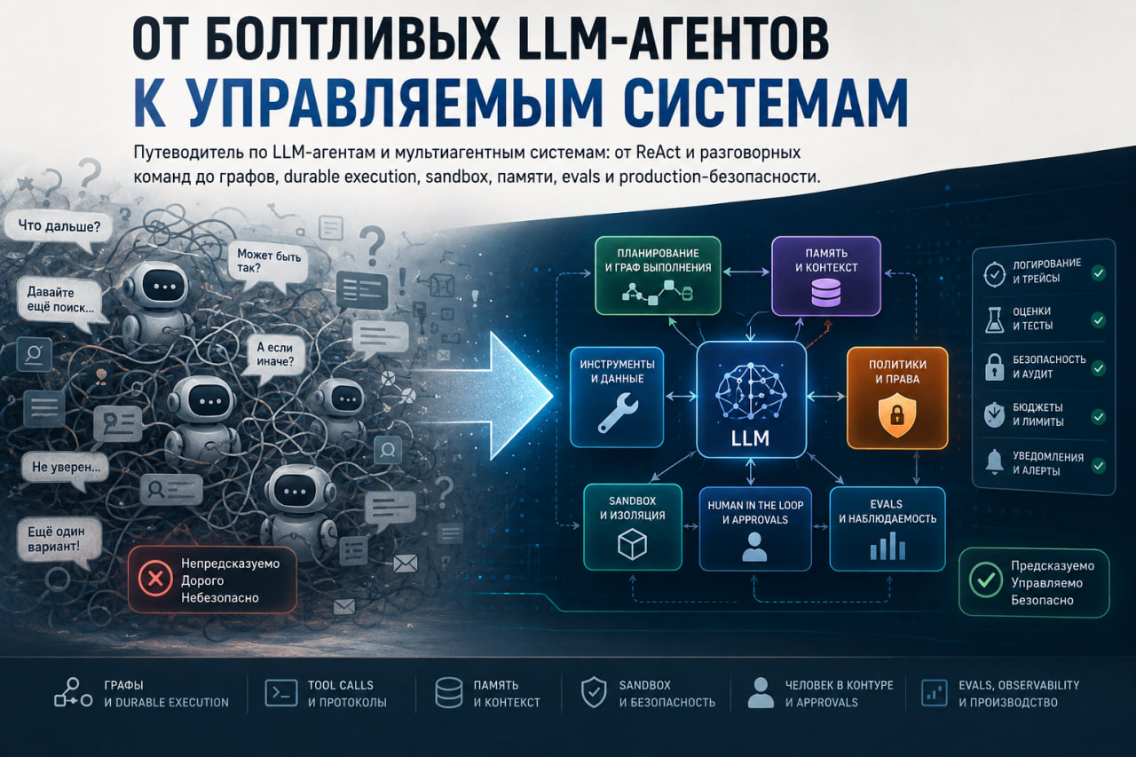 Схема: слева свободный чат нескольких агентов, справа управляемая система со слоями планирования, памяти, политик, sandbox, human in the loop и evals